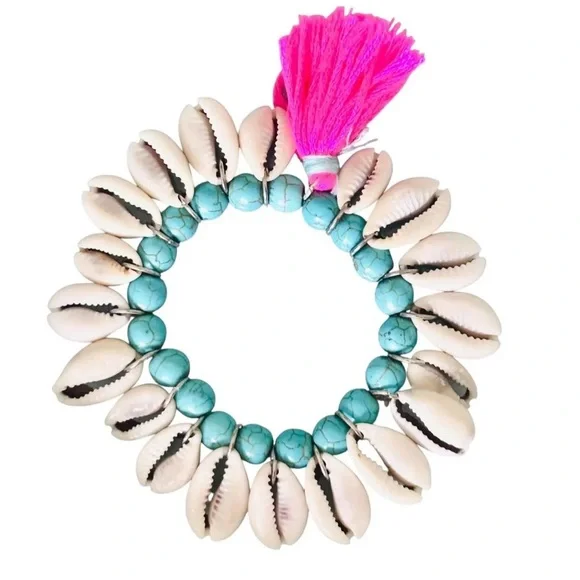 Vintage Cowrie Shell & Turquoise Bead Charm Bracelet with Pink Tassel - Picture 1 of 3